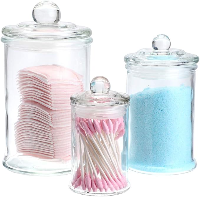MDLUU Glass Canisters, Apothecary Jars with Airtight Lids, Bathroom Vanity Storage Organizer Containers for Qtip Cotton Swabs, Cotton Balls, Flossers, Bath Salt, Hair Tie, Set of 3
