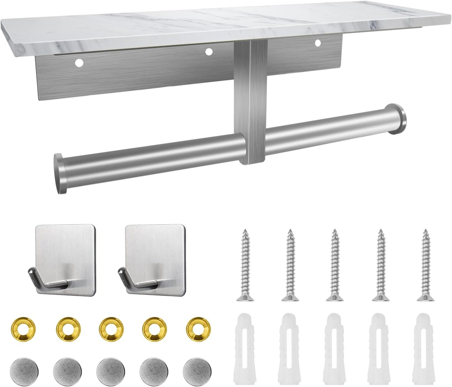 Toilet Paper Holder with Shelf, Double Toilet Paper Holder Wall Mount and 2PCS Free Adhesive Hooks for Bathroom Washroom, Marble Toilet Paper Holder Brushed Nickel