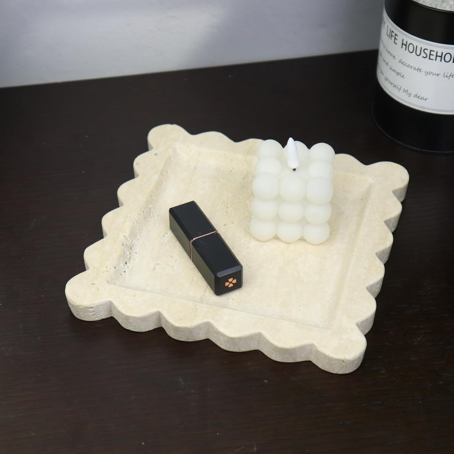 Square Marble Decorative Tray with Scalloped Edge, Luxury Natural Stone Bathroom Vanity Tray, Dresser Top Perfume Coffee Home Kitchen Sink Tray, Key Trinket Ring