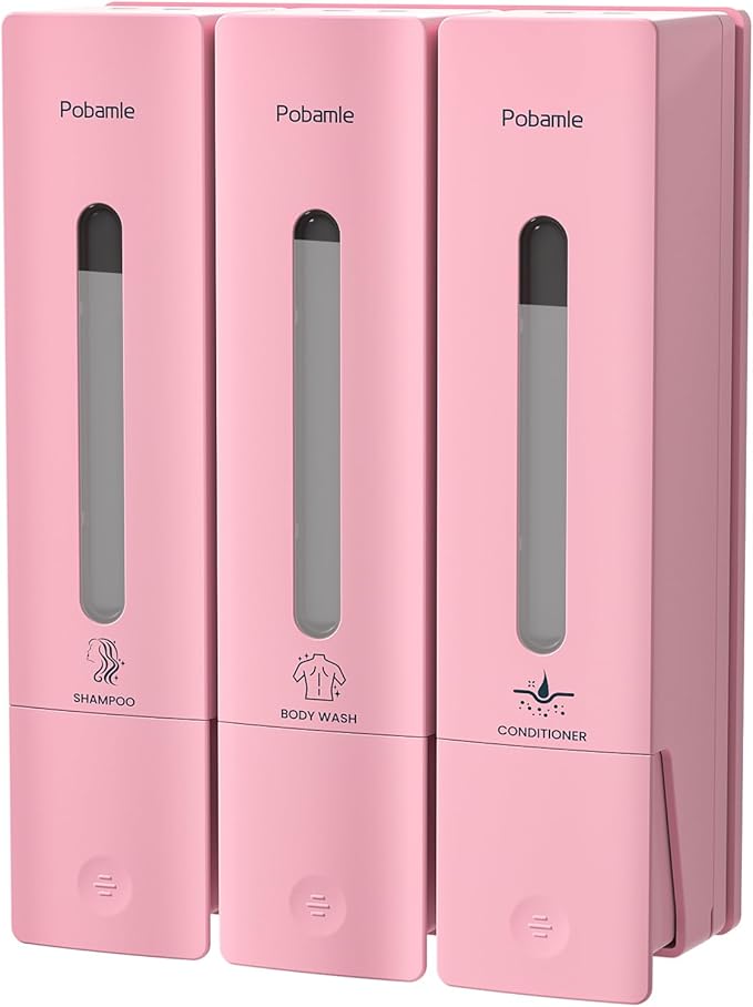 1984 Shower Soap Dispenser Bathroom Set Shampoo Conditioner Body Wash Dispenser Wall Mounted Shower Shampoo Dispenser 3 Chamber No Drill for Home Star Hotel 3 x 400ml Pink