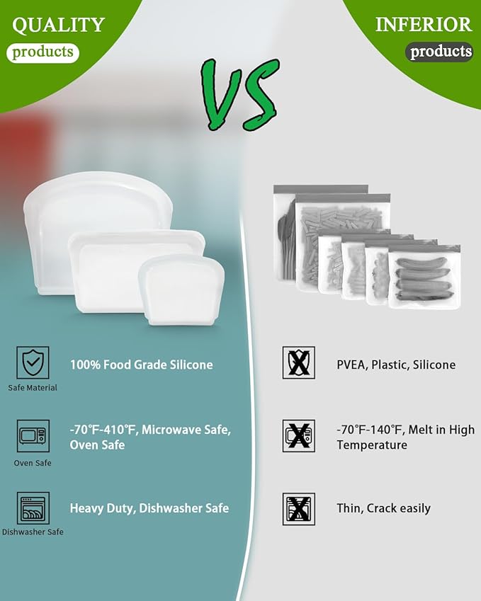 Reusable Silicone Storage Bag, 6 Packs Pocket, Snack, and Sandwich Bag, Endurables Seal-Top Silicone Bags for Food Storage, Freezer, Microwave, Oven, Dishwasher Safe (Clear & Rose Quartz)