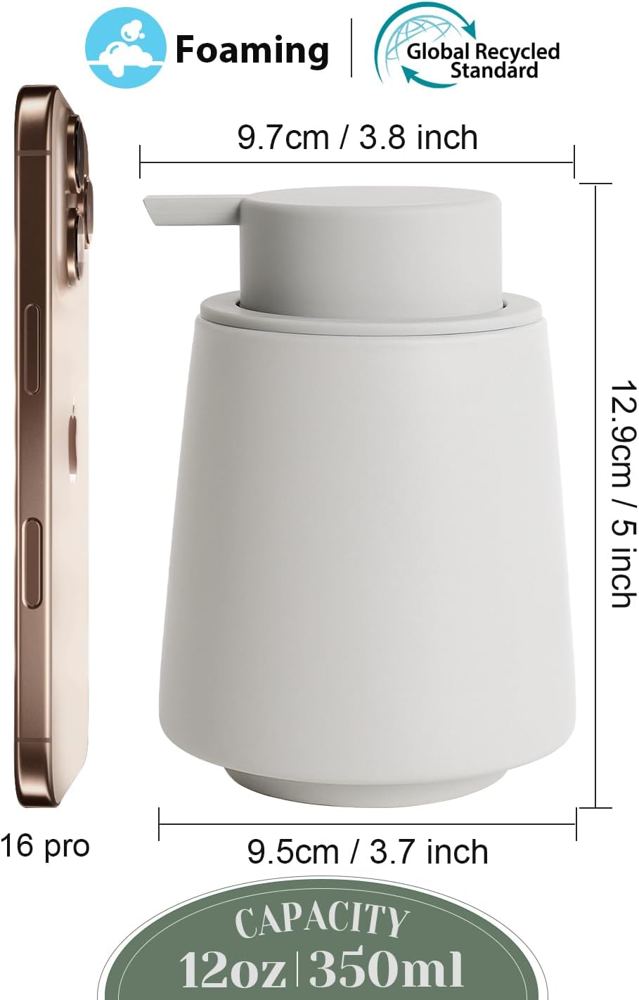 INGOFIN Ceramic Foaming Soap Dispenser -14 oz Foam Hand Soap Dispenser Bathroom, Modern Refillable Dish Wash Bottle for Kitchen with Large Pump, Matte Grey