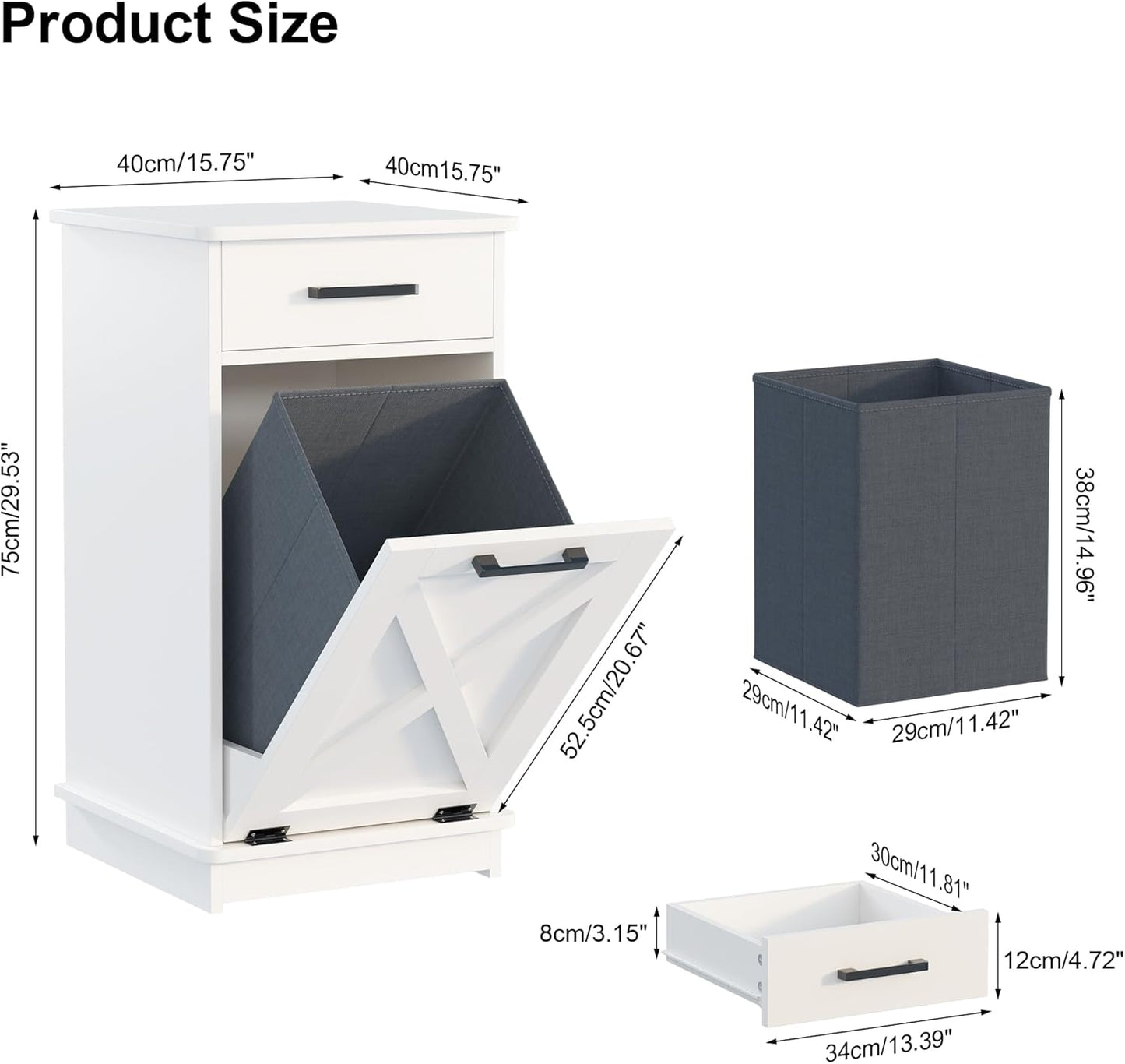 White Tilt Out Laundry Hamper Cabinet Hidden Laundry Hamper with Drawers and Baskets for Bathroom Hamper Cabinet with Storage for Kitchen Living Room,16x16x30in（Barn door panel）