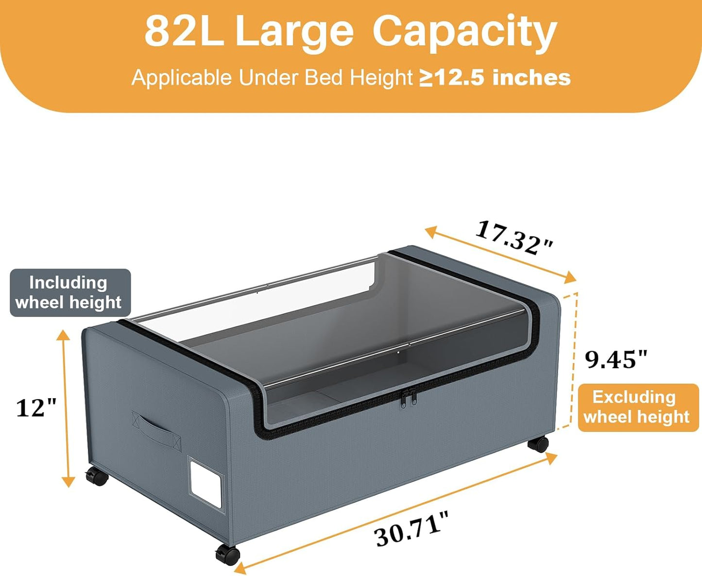 Webetop 12 inch Under the Bed Storage Bins with Clear Lid, Under Bed Storage Containers with Wheels for Underneath Small Spaces Dorms, Blankets (2 Pack, Grey, 30.7"x17.3"x12")