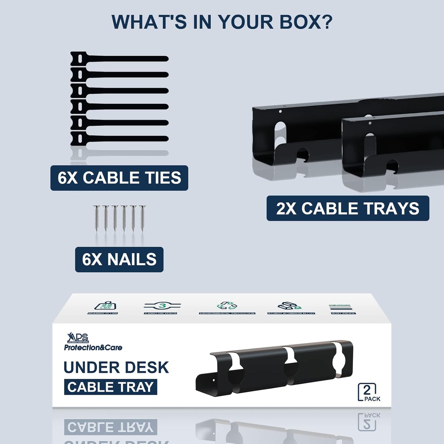APS Under Desk Cable Management Tray, Two-Pack 16 Inch Black Metal Cord Organizer, Adhesive or Screw Mount for Glass/Marble/Office/Gaming Desk