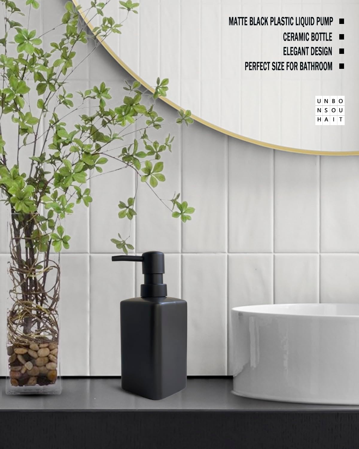 Soap Dispenser - Black Rectangular, 12 Oz, Ceramic with Plastic Pump