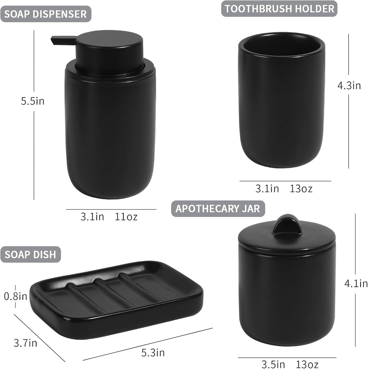 BosilunLife Black Bathroom Accessories Set - Ceramic Bathroom Accessories Sets Complete Foaming Soap Dispenser and Toothbrush Holder Set, Soap Dish, Qtip & Cotton Ball Holder Modern Bathroom Set