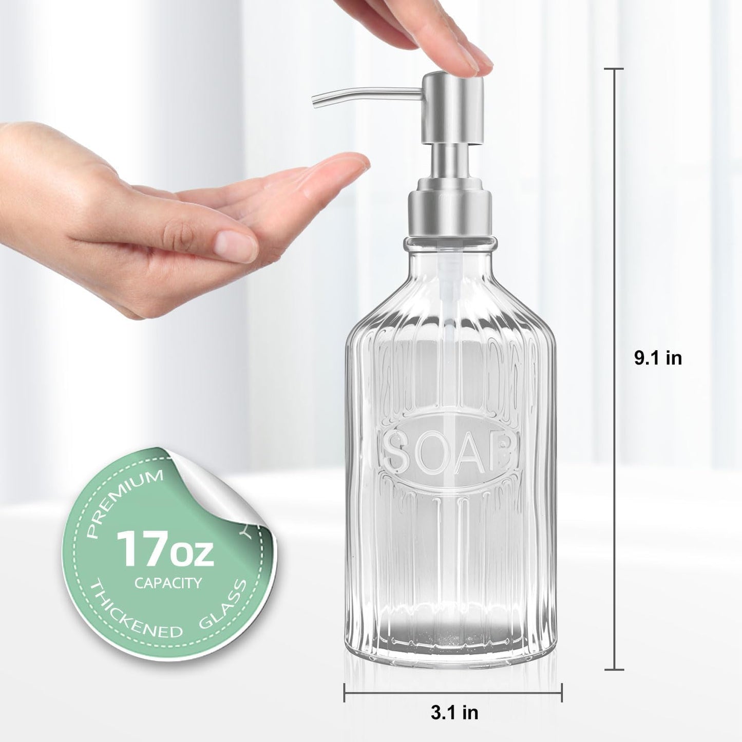 Elegant Glass Soap Dispenser with Rust-Proof Stainless Steel Pump - Refillable for Kitchen & Bathroom(Two Pack)