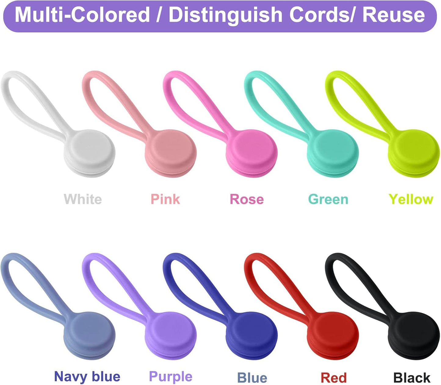 Motiloo Magnetic Cable Ties Silicone Reusable Cord tie for Home Office School Organization (10 Colors-20 Pack)