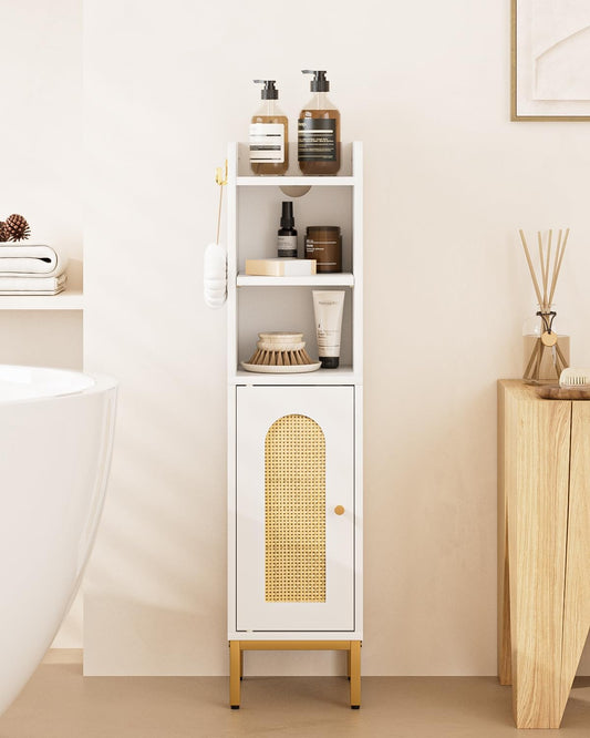 Bathroom Storage Cabinet, Small Corner Floor Hutch with Door and Shelves, Narrow Toilet Paper Cabinet, Bathroom Organizer with Adjustable Shelf, for Small Spaces (Classic-Rattan, White)