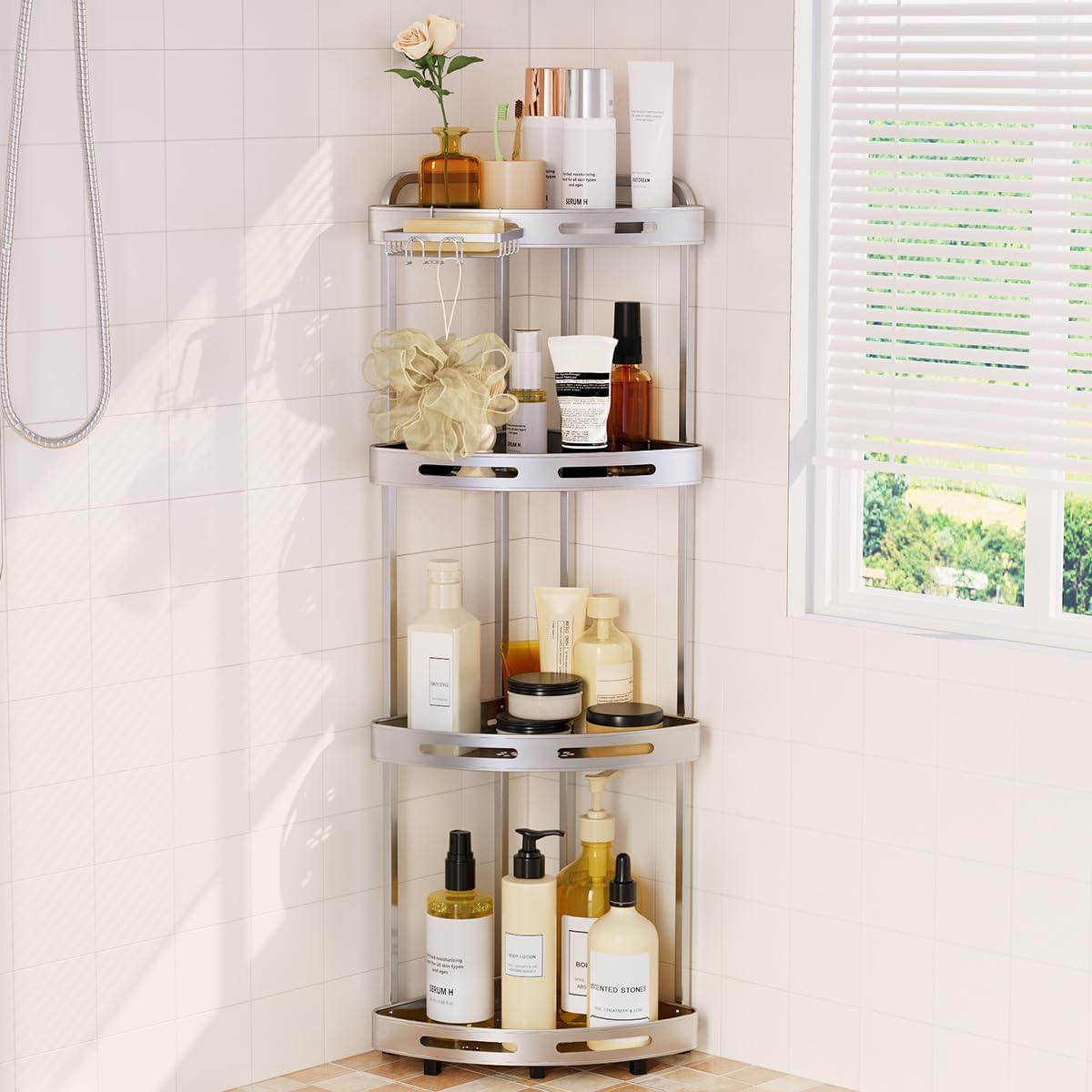 Corner Shower Caddy, 4 Tier Standing Shower Organizer with Soap Holder, Rustproof Stand Shower Shelves for Bathroom Shampoo Storage, Silver