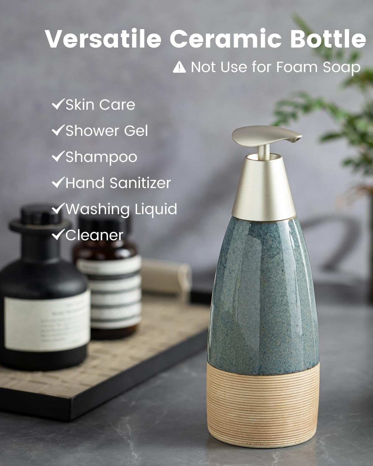 12 oz Dish Soap Dispenser with 2 Pumps, Ceramic Hand Soap Bottle for Shampoo, Body Wash, Lotion, Liquid Dispenser for Kitchen Countertop with Silicone Funnel, Ideal for Thanksgiving, Christmas, Blue