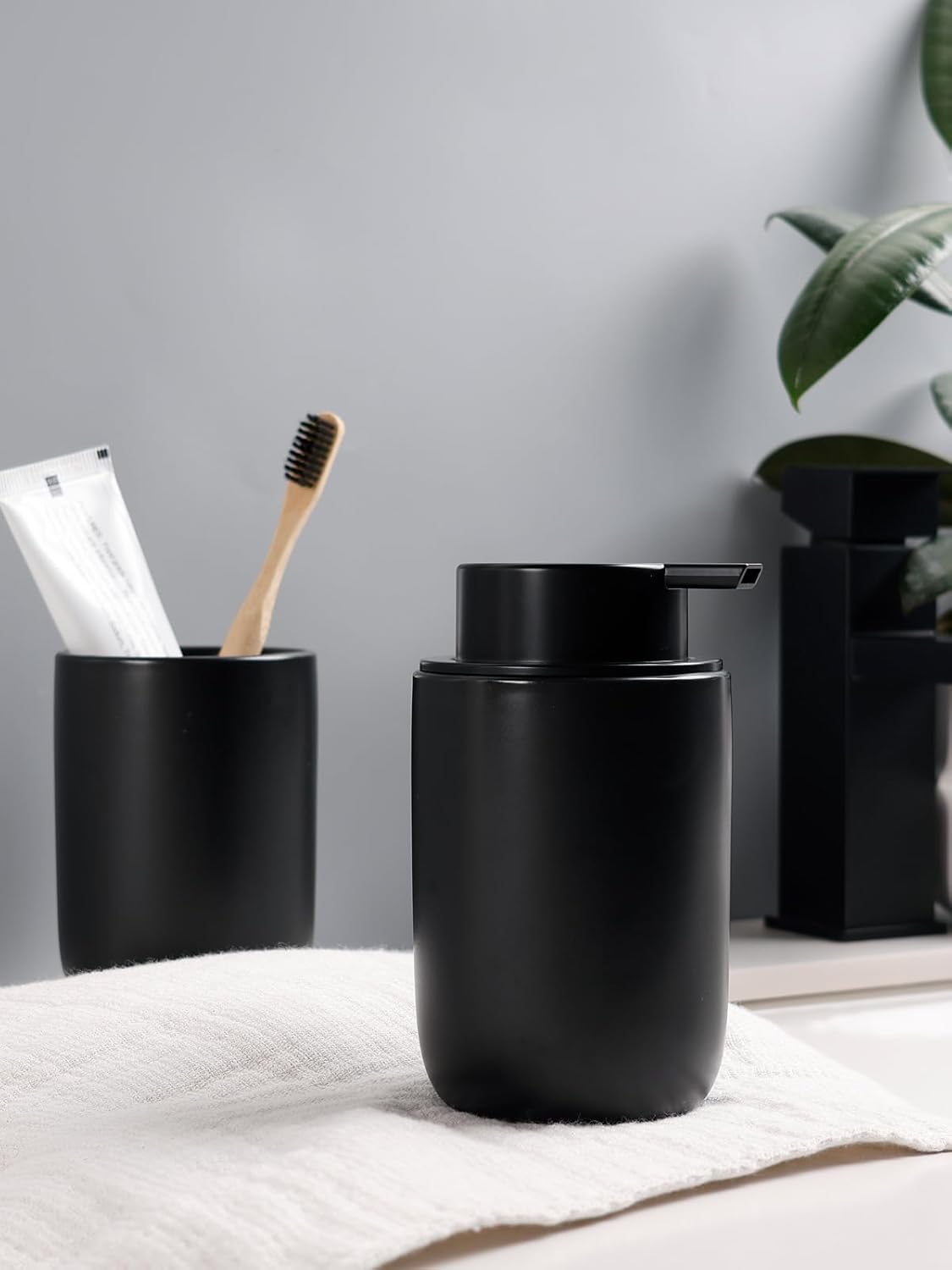 Bosilunlife Soap Dispenser and Toothbrush Holder Set - 11Oz Foam Soap Dispenser Pump Ceramic Bathroom Counter Soap Toothbrush Holder Set Black Bathroom Accessories Set