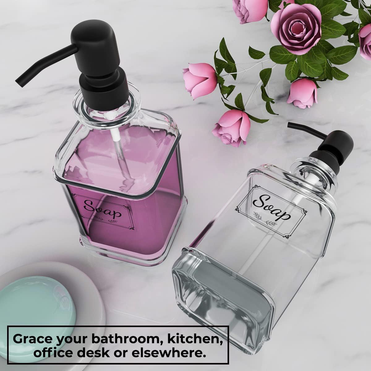 GLADPURE 2 Pack Soap Dispenser, 18 Oz Antique Design Thick Glass Hand Dispensers; with 304 Rust Proof Stainless Steel Pump, 6Pcs Clear Stickers, for Kitchen, Bathroom- Black