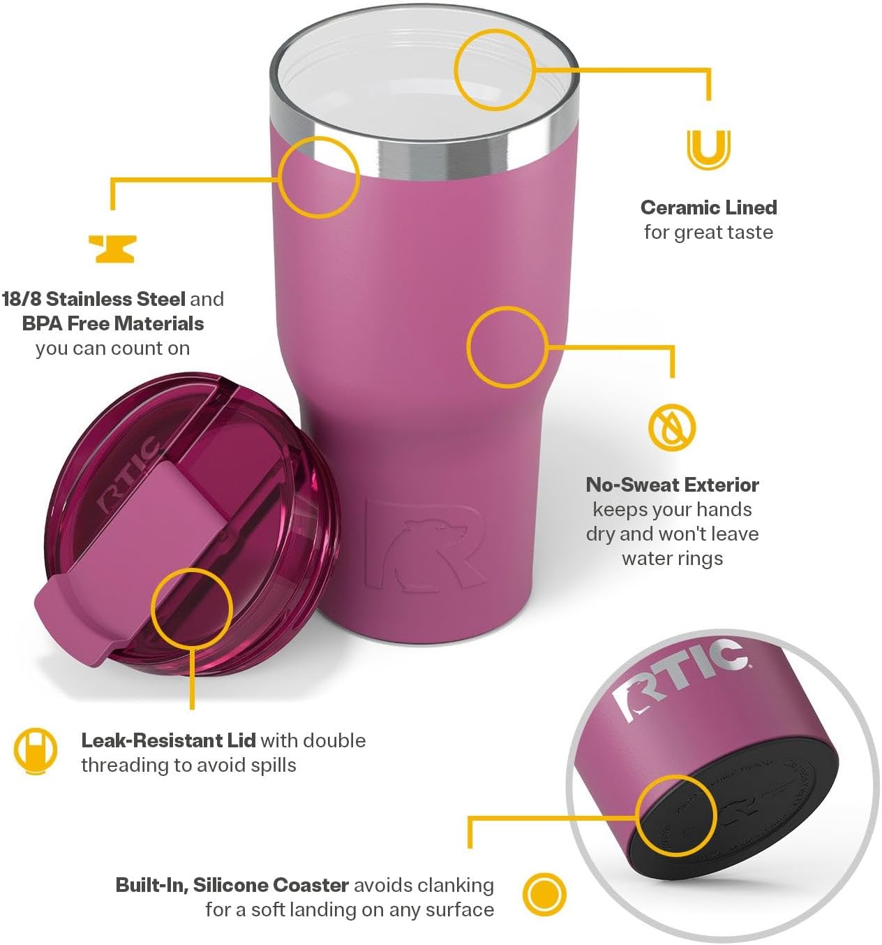RTIC 20oz Essential Tumbler with Lid, Ceramic Lined, Insulated, Stainless Steel, Metal, Double Wall Vacuum-Insulation, Travel Cup for Iced Coffee, Tea, Hot and Cold Drink, Orchid