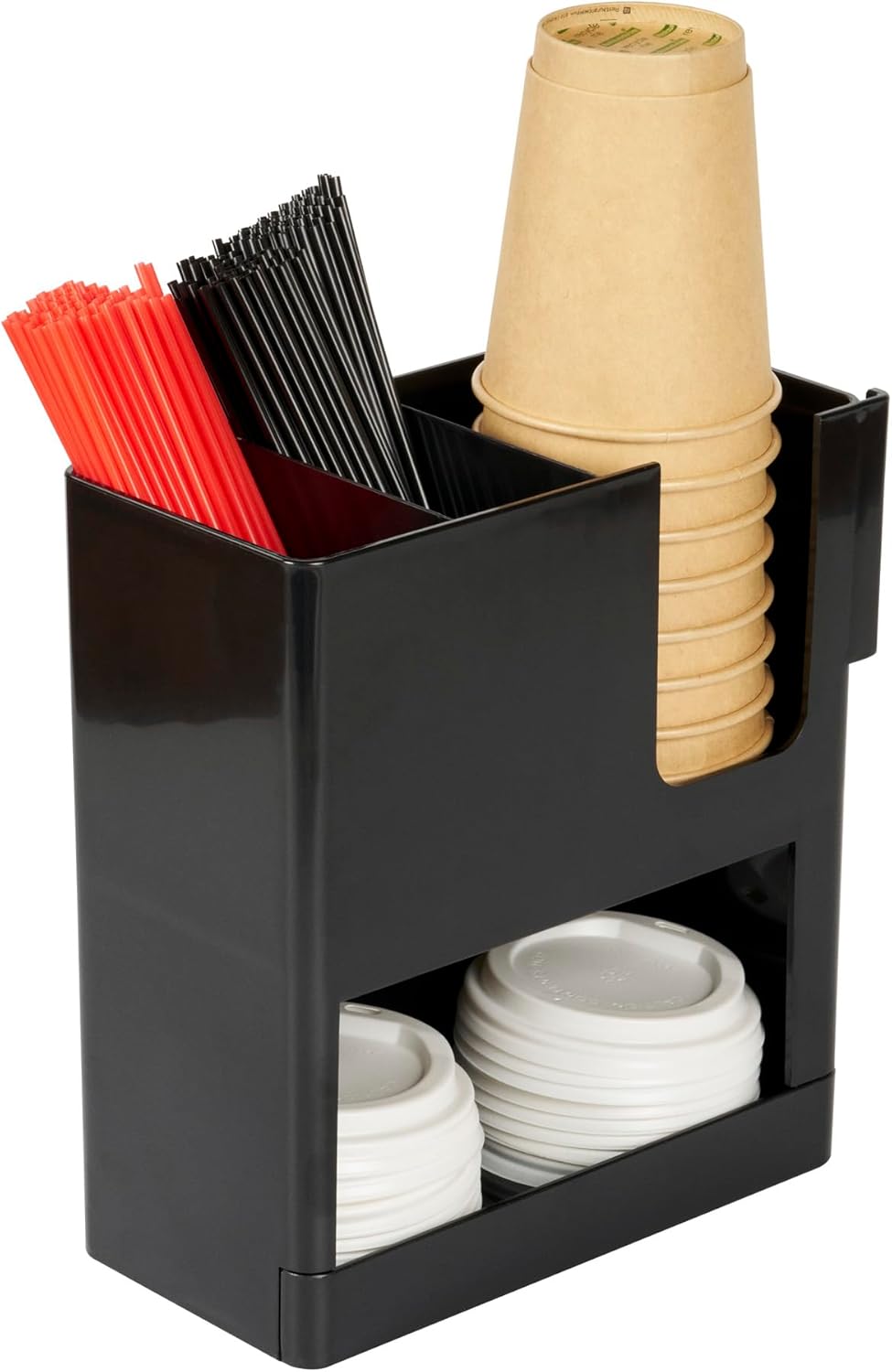 Restaurantware Restpresso Coffee Bar Organizer, 1 Count Durable 4 Compartments, Compact Size, Black Plastic Tabletop Coffee Supplies Organizer For Homes, Office Spaces, Breakrooms, and Lounges
