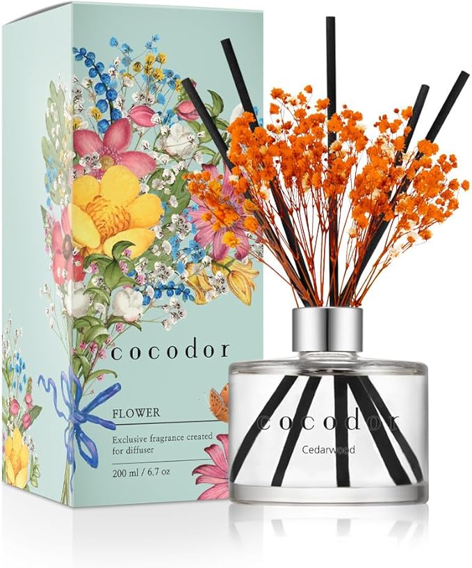 COCODOR Preserved Flower Reed Diffuser/Cedar Wood/6.7oz/1Pack / Home Fragrance Scent Essential Oil Stick Diffuser for Bedroom Bathroom Home Decor