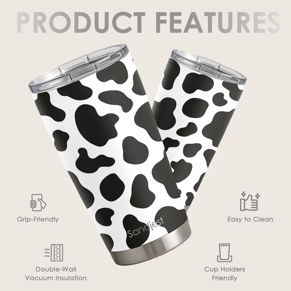 SANDJEST Cow Print Tumbler 20oz Stainless Steel Insulated, Travel Coffee Cup, Gifts for Cow Lovers Women Girls, Birthday Christmas