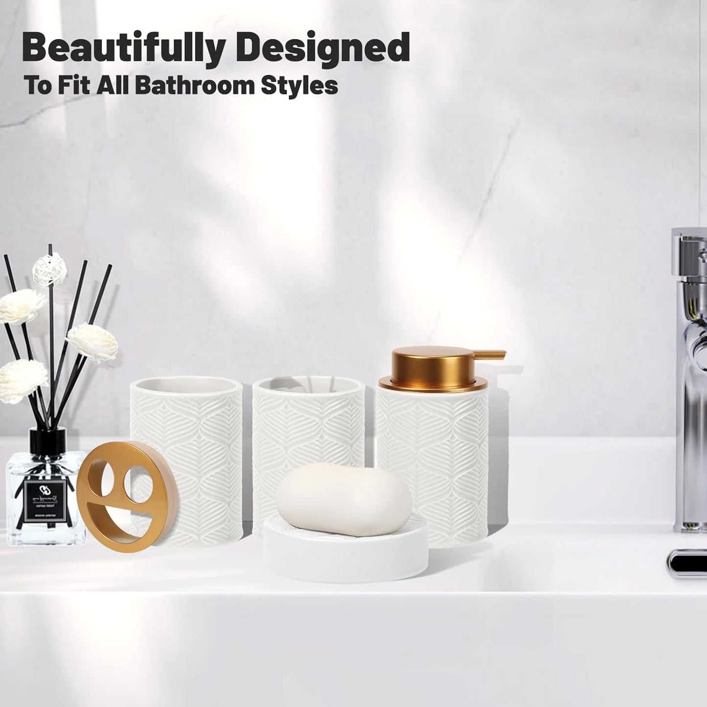 Ceramic Bathroom Accessories Set, 4 Pcs-Includes Lotion Soap Dispenser, Toothbrush Holder, Vanity Tray, and Tumbler, Modern Bathroom Decor Organizer with Soap Dish, Apothecary Jar, White Color