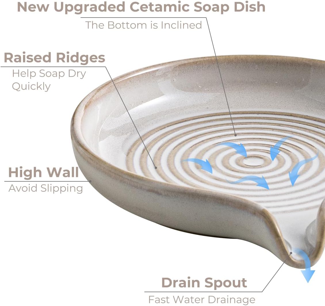 Soap Dish with Drain, Ceramic Soap Holder Self Draining Bar Soap Saver with Waterfall Design for Shower Bathroom Kitchen Sink Bathtub, Beige White