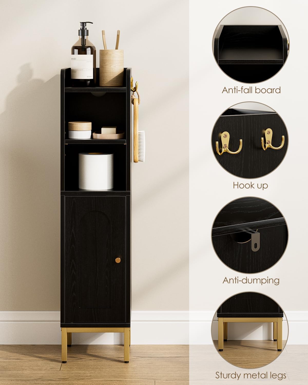 Bathroom Storage Cabinet, Small Corner Floor Hutch with 2Hooks,Narrow Toilet Paper Cabinet with Adjustable Shelf,Morden Bathroom Organizer for Small Spaces,Black