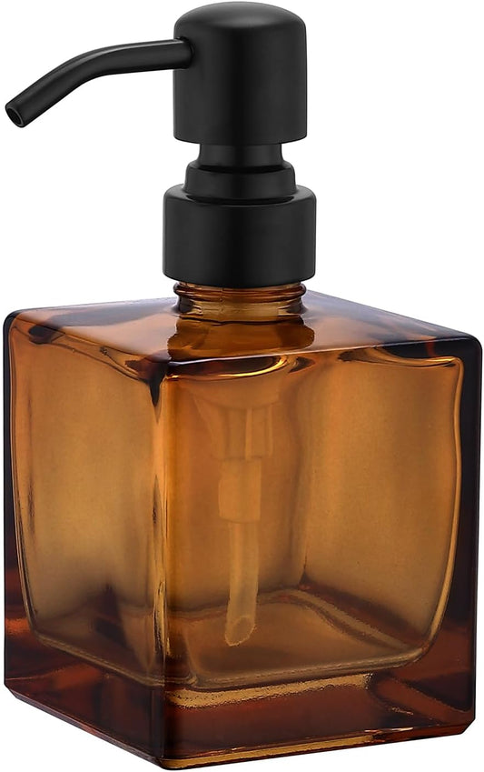 Square Bathroom Soap Dispenser Amber Bottle with Black Pump, Retangle Cube 8.4 oz Glass Bottles with Stainless Steel Pump Hand Liquid Soap Dispenser Kitchen