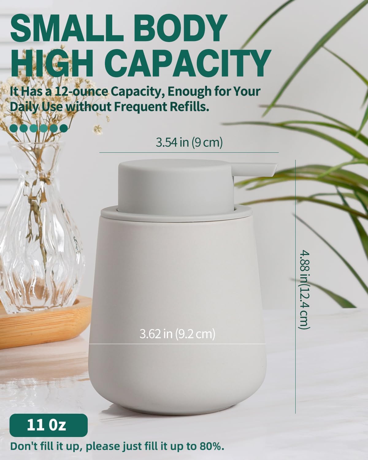 Bosilunlife Soap Dispenser Bathroom - Grey Ceramic Soap Dispenser Lotion Hand Pump Dish Soap Bottle for Kitchen 12oz Refillable Liquid Hand Wash Dispenser for Bathroom