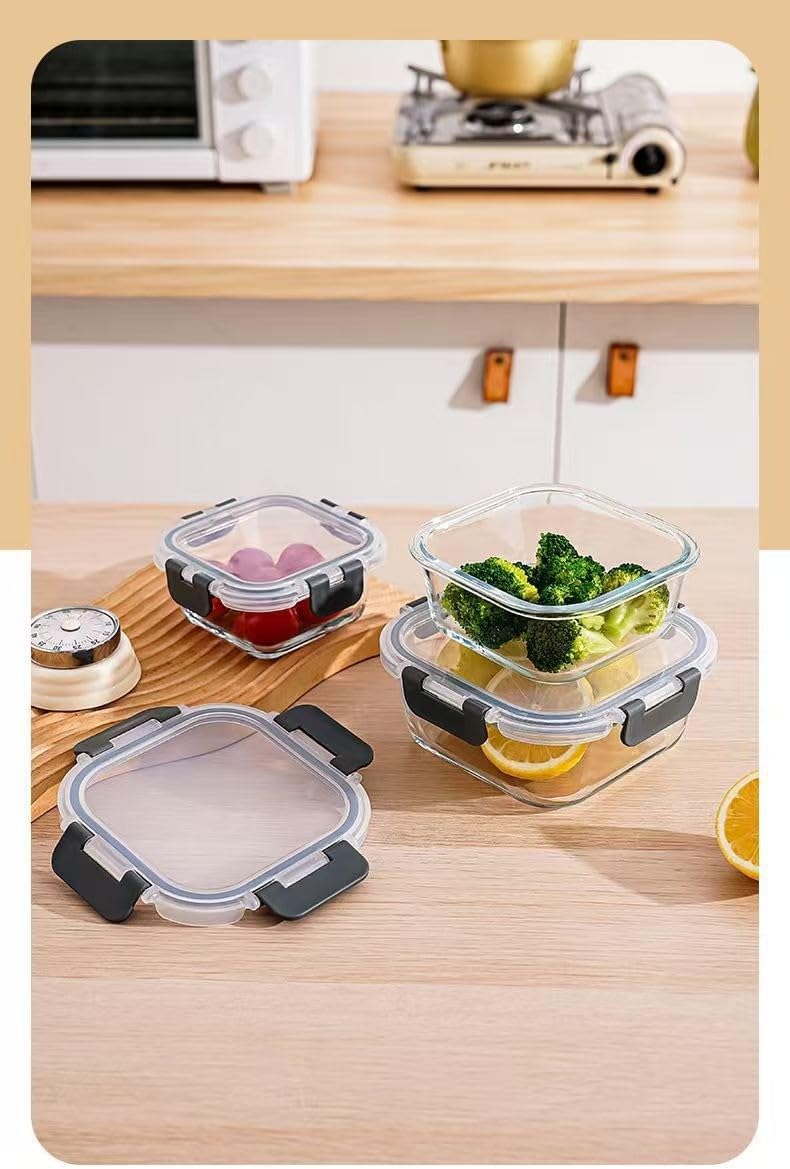[6-piece set] Glass food preparation and storage containers with lids that provide a good seal. Glass lunch boxes that are microwave, oven, freezer, dishwasher safe. (square)