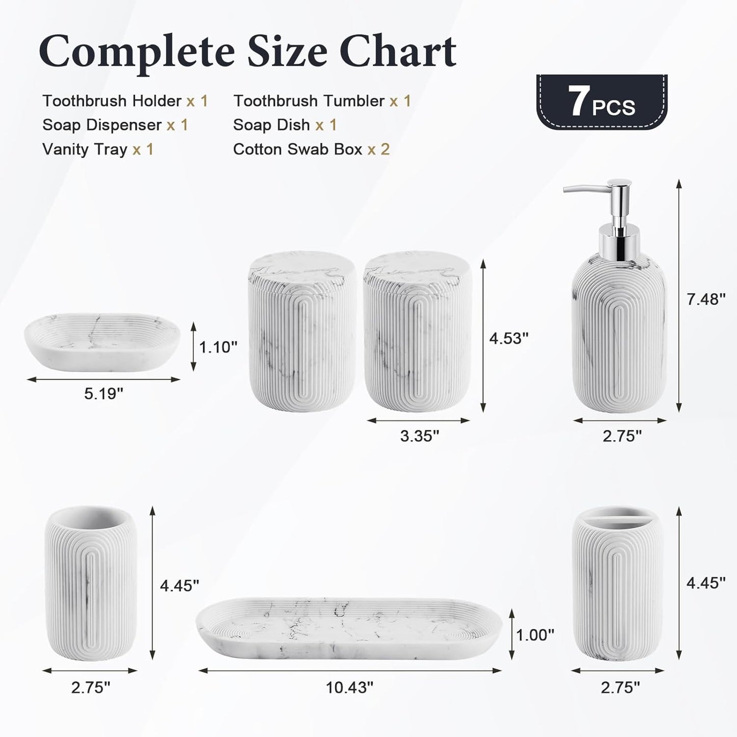 Bathroom Accessories Set - 7-Piece Resin Bathroom Set, Toothbrush Holders Set, Soap Dispenser, Qtip Holder Dispenser, Tumbler, Soap Dish & Tray, Modern Bath Decor for Home Dorm Hotel (Marble White)