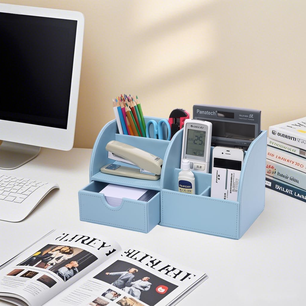 KINGFOM Pu Leather Desk Organizer Pen Pencil Holder Office Supplies Caddy Storage Box 6 Compartments with Drawer Blue