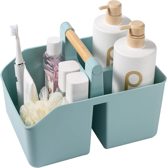 rejomiik Portable Shower Caddy Basket with Bamboo Handle, Plastic Cleaning Caddy Bathroom Organizer Tote for College Dorm Essentials, Bath Toy Storage, Blue