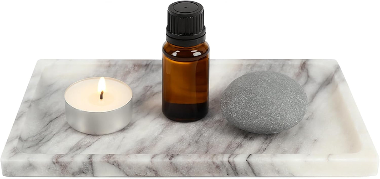 White Marble Vanity Tray – 10.63"x5.91" Rectangular Natural Stone Organizer for Bathroom Perfume Makeup Jewelry Dresser Entryway