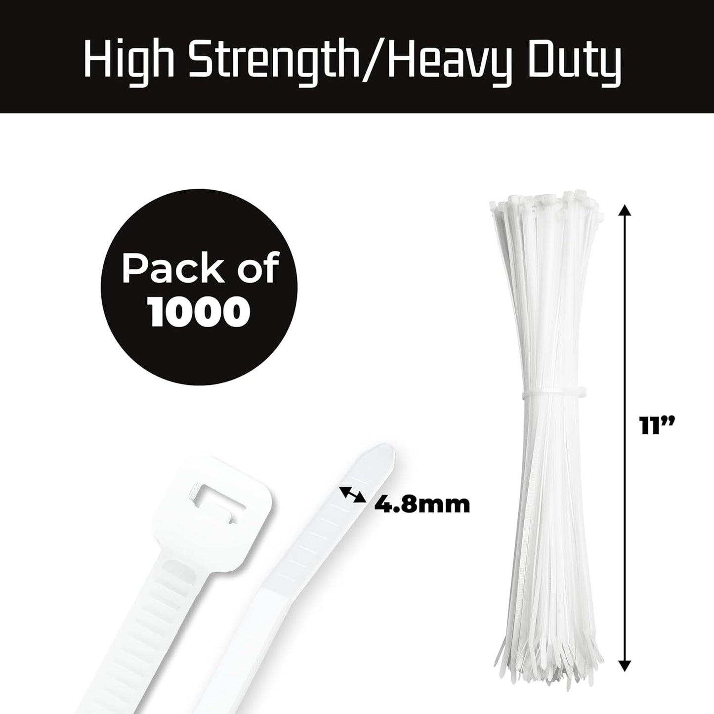 Bolt Dropper 11-Inch White Zip Ties, 1000-Pack - Heavy Duty Self-Locking Nylon Cable Ties with 50 lbs Tensile Strength - Indoor and Outdoor Cable Management Wire Tie - UV Resistant Zip Tie Wraps