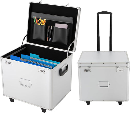 Rolling Cart for Teachers, Rolling File Cart with Hanging Folders, Portable File Box with Handle, Aluminum Alloy, Passcode Lock, Silver