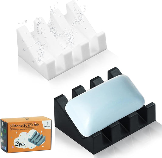 Silicone Soap Dish for Bar Soap Holder for Shower Bathroom Self Draining Waterfall Drying Tray Keep Soap Bars Dry Clean & Easy Cleaning (White+Black, 2)