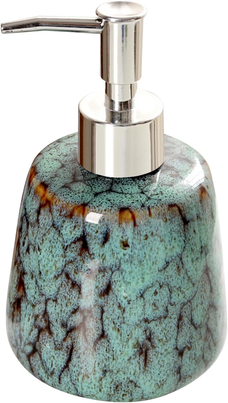 Jessie Hand Soap Dispenser,Green Ceramic Liquid Hand Soap Dispenser with Pump,Modern Vintage Refillable Hand Lotion Pump Bottle for Bathroom Kitchen Set 10.8 oz (Green)