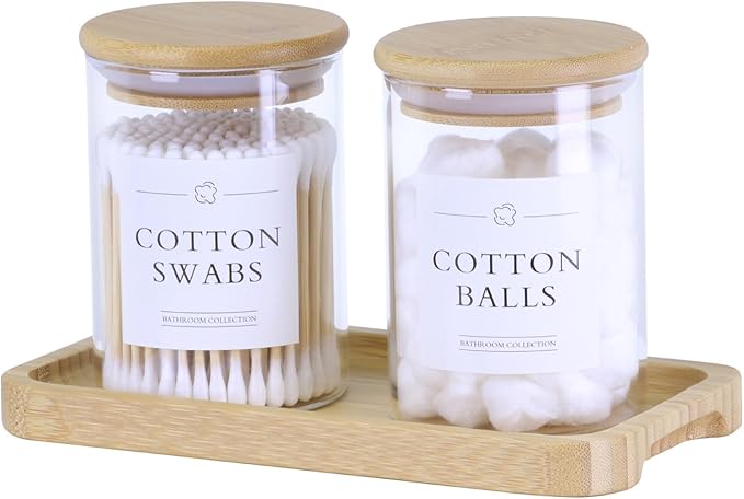 Qtip Holder with Vanity Tray - 2 Pack Glass Apothecary Jars with Lids, Cotton Ball Swab Pad Floss Pick Holder, Bathroom Organizers Jars Containers Canisters Accessories Set