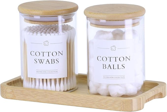 Qtip Holder with Vanity Tray - 2 Pack Glass Apothecary Jars with Lids, Cotton Ball Swab Pad Floss Pick Holder, Bathroom Organizers Jars Containers Canisters Accessories Set
