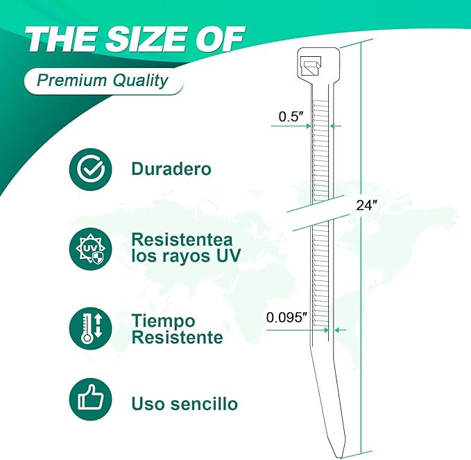 Long Zip Ties Heavy Duty 24 inch，400 LBS Tensile Strength With Double Sided Toothed Super Durable Cable Ties ，Extra Large Wire Ties Adjustable Nylon Tie Wraps for Indoor Outdoor （100 Pack Green）