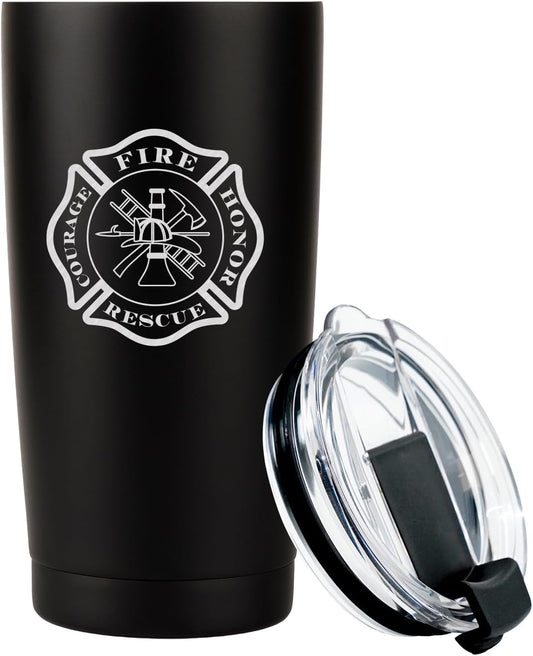 Military Gift Shop 20oz Firefighter Tumbler Travel Mug – Double Wall Vacuum Insulated Firemen Mug – Matte Black (FIREFIGHTER)