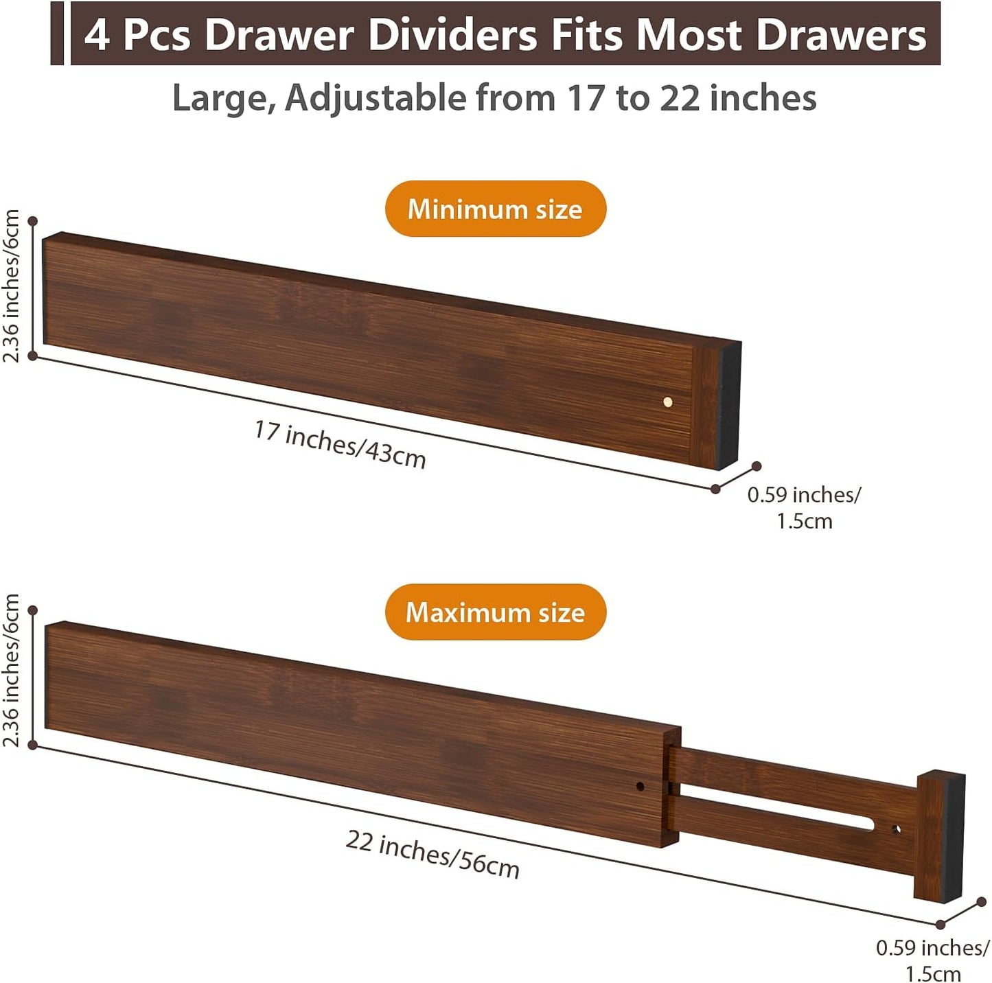 4 PCS Drawer Divider, 17"-22" Adjustable Bamboo Drawer Dividers Organizers, Expandable Separators for Kitchen, Clothes, Dressers, Home, Office, Mocha