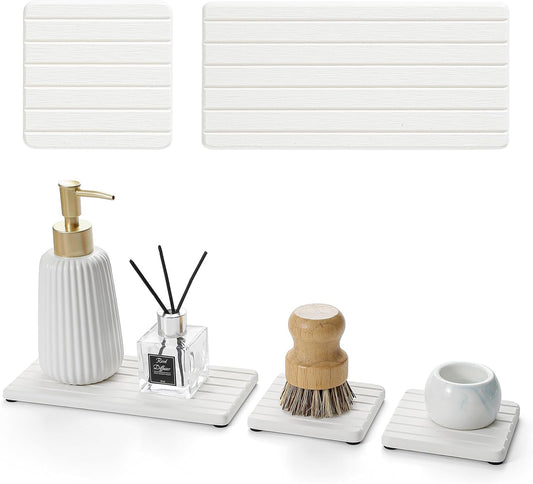 3 Pack Diatomite Stone Sink Tray, Water Absorbing Mat for Kitchen & Bathroom Counter, Quick Dry Soap Dish Makeup Vanity Caddy,Sponge Holder Organizer, White - 2pcs of 8"x 3.8" and 1pc of 3.8"x 3.8"