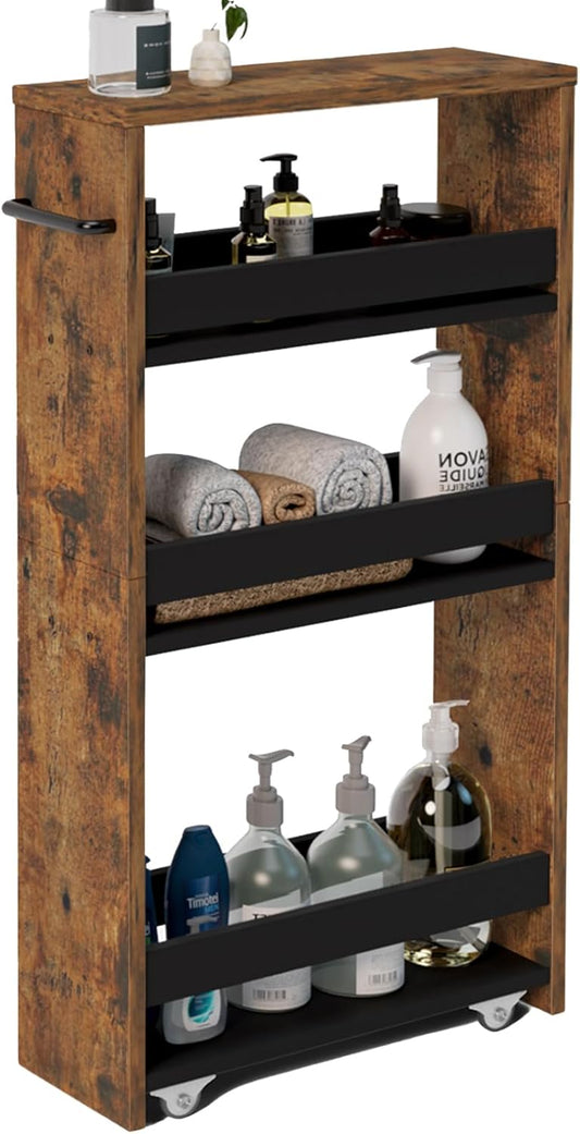 MARTY Slim Rolling Cart 4-Tier Utility Carts with Wheels Handle, Kitchen Storage Cart Slide Out Mobile Shelving Unit Organizer for Bathroom Laundry Room Organization Narrow Places (Rustic Brown)