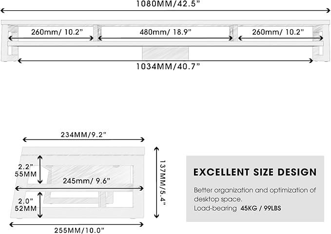 Fenge Dual Monitor Stand for Desk, 42.5in Large Monitor Riser for 2 Monitors, 2 Tier Computer Office Desk Top Shelf, Desktop Storage Stand for Laptop, PC, Computer, Printer