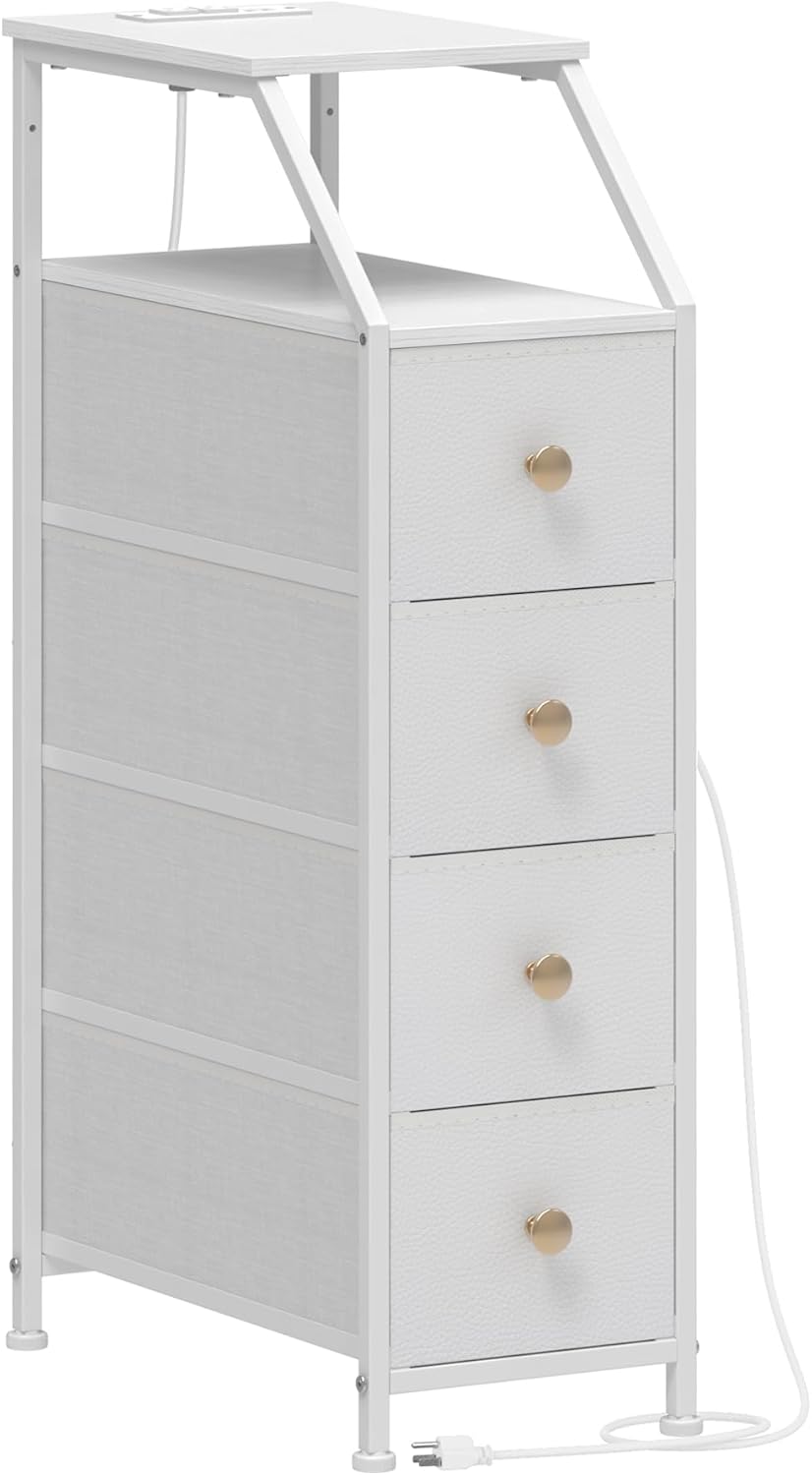 Tohomeor Narrow Dresser Tall Skinny Storage Tower Vertical Slim Chest of Drawers with Charging Station Small Nightstand Side Table for Bedroom, Bathroom, Small Spaces (White, 4 Drawers)