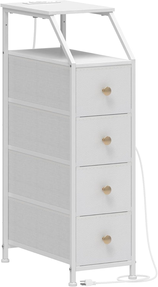 Tohomeor Narrow Dresser Tall Skinny Storage Tower Vertical Slim Chest of Drawers with Charging Station Small Nightstand Side Table for Bedroom, Bathroom, Small Spaces (White, 4 Drawers)