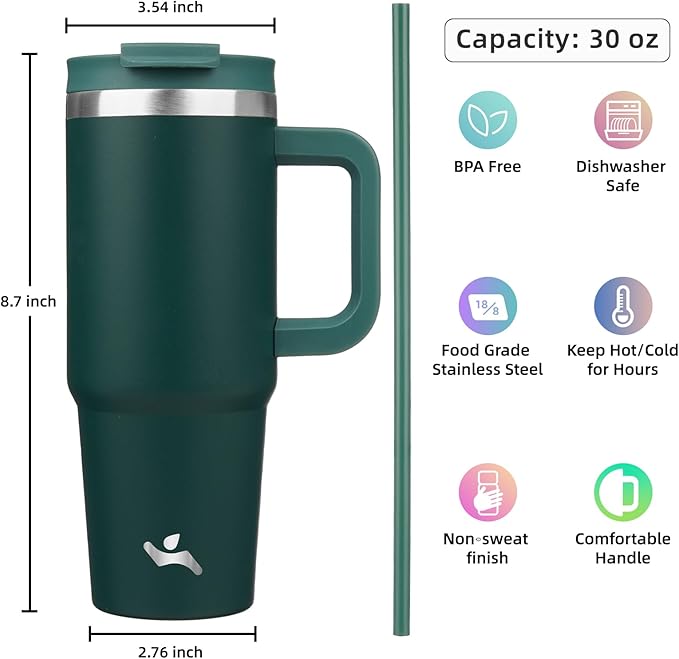 30 oz Tumbler with Handle and 2 Straws,2 in 1 Lid Insulated Water Bottle Stainless Steel Travel Coffee Mug,Dark Green