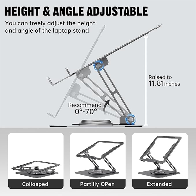 Laptop Stand for Desk, Adjustable Computer Stand with 360° Rotating Base, Ergonomic Laptop Riser for Collaborative Work, Foldable & Portable Laptop Stand, fits for All 10-16" Laptops