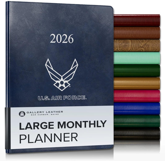 Gallery Leather Large Monthly Planner 2025-2026, Elegantly Bound Calendar Planner and Notebook with Stylish Gold-Gilded Page Edges, 18 Months - Acadia Navy - US Air Force - 9.75x7.5"