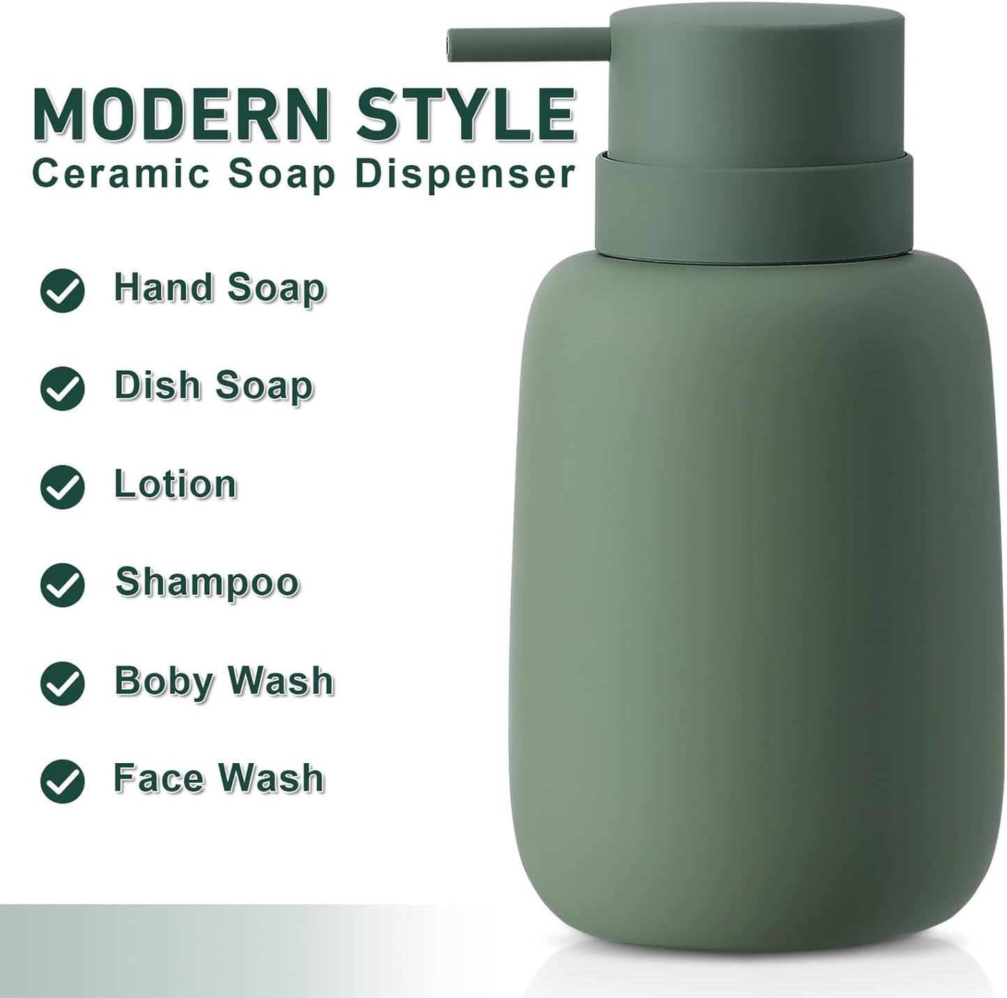 Green Soap Dispenser Bathroom,Ceramic Soap Dispenser Lotion Pump Dish Soap Dispenser for Kitchen,16oz Refillable Liquid Hand Wash Dispenser for Bathroom (Rubber Paint)